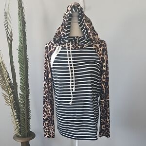 Andthewhy Leopard and Striped Double Hood Hoodie